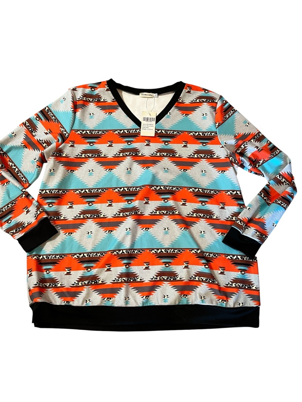 New Aztec Print V-Neck Pullover Turquoise & Orange
XXL